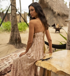 Long Dress Belen: pink - crochet top - thin straps - golden details - Miss June Paris - 2