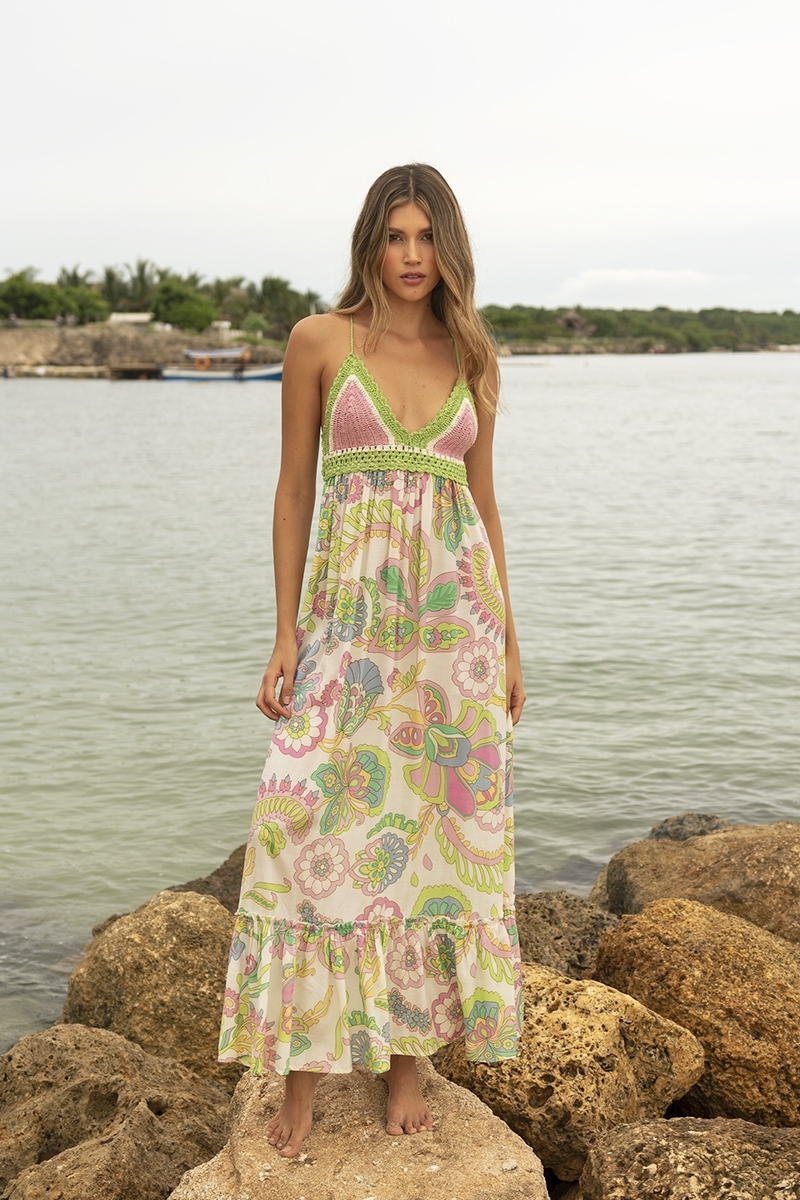Long Dress Hortensia: multicolor - floral pattern - crochet top - thin straps - Miss June Paris - 2