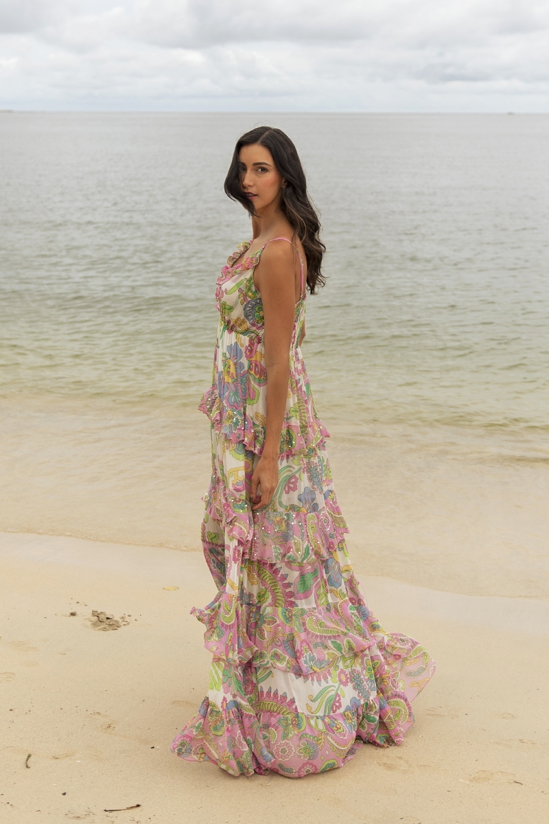 Robe Longue Ingrid: multicouleur - imprimé fleuri - bretelles - taille unique M/L - volants fluids - Miss June Paris - 2