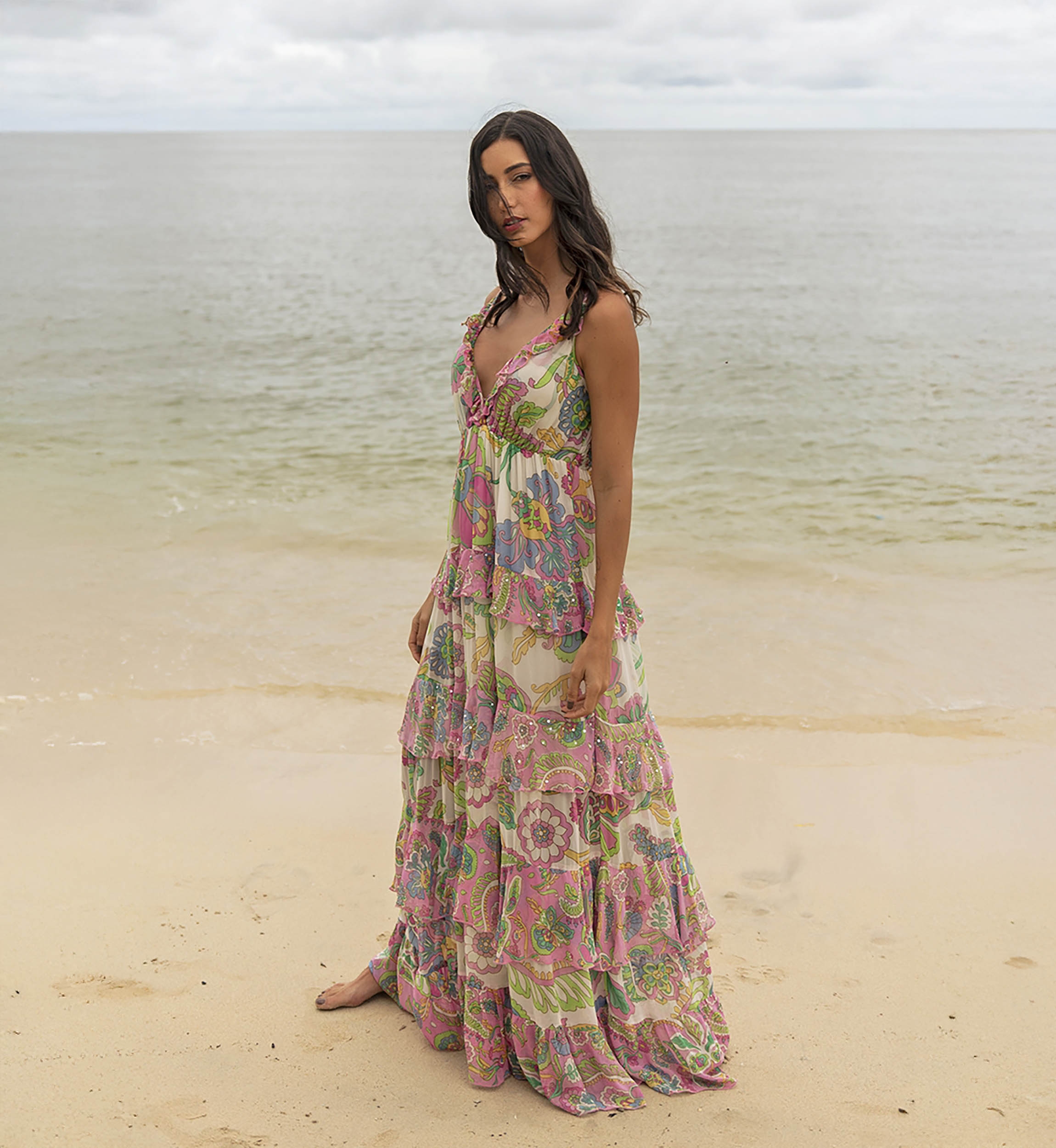 Long Dress Ingrid: multicolor - floral print - straps - one size M/L - fluid ruffles - Miss June Paris - 3