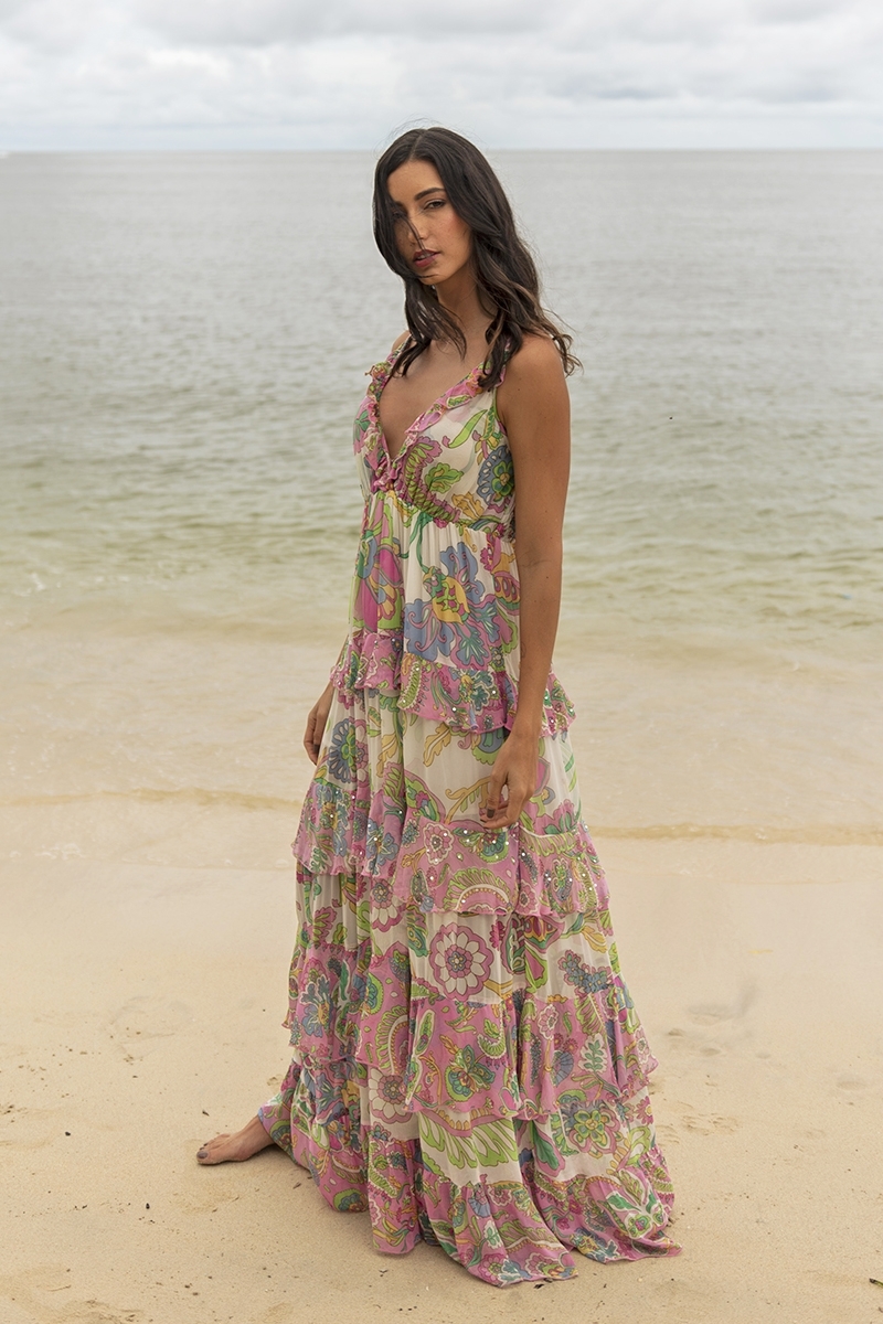 Long Dress Ingrid: multicolor - floral print - straps - one size M/L - fluid ruffles - Miss June Paris - 3