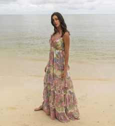 Long Dress Ingrid: multicolor - floral print - straps - one size M/L - fluid ruffles - Miss June Paris - 3