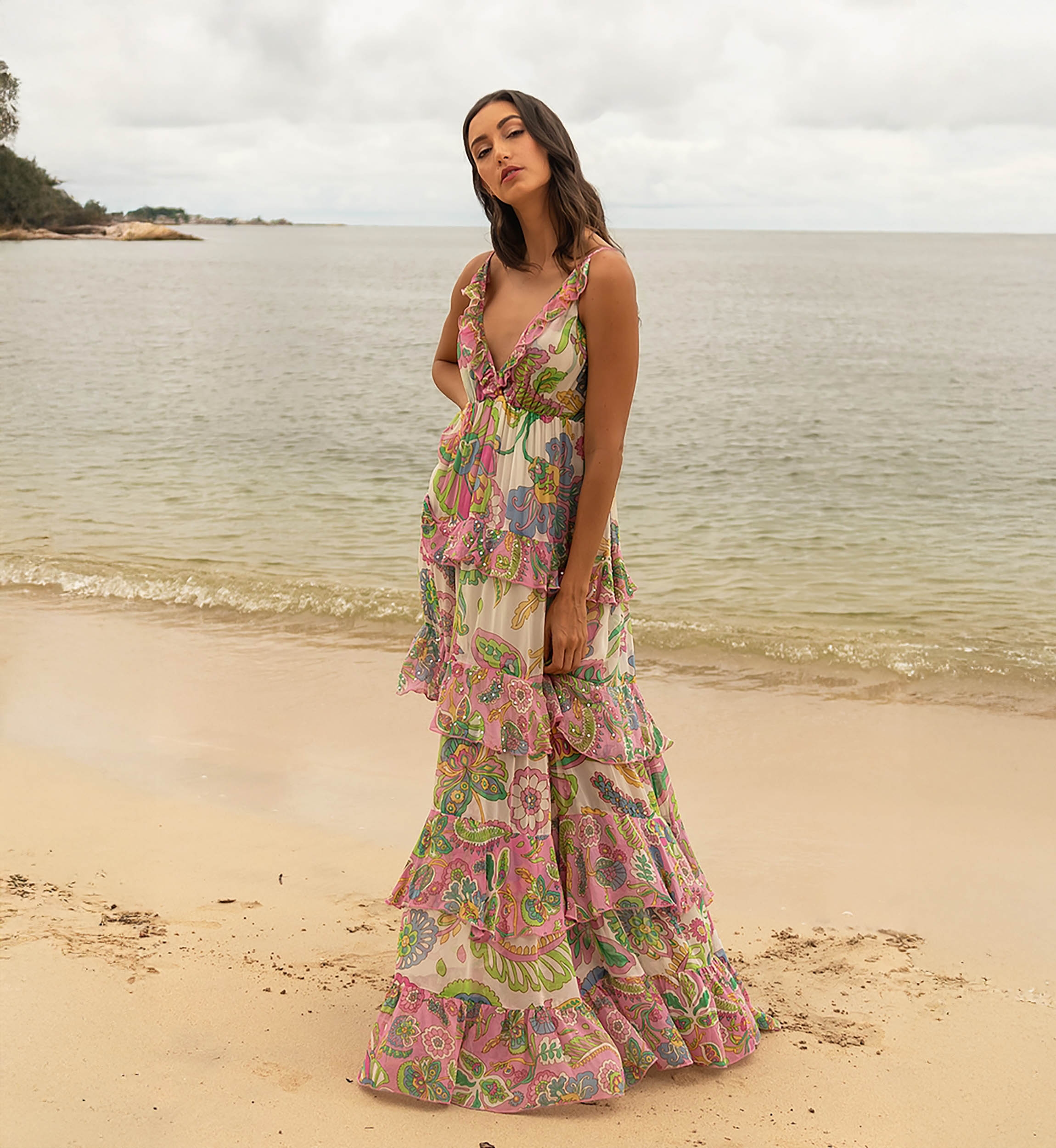 Robe Longue Ingrid: multicouleur - imprimé fleuri - bretelles - taille unique M/L - volants fluids - Miss June Paris - 1