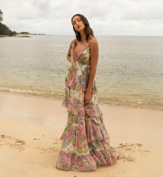 Robe Longue Ingrid: multicouleur - imprimé fleuri - bretelles - taille unique M/L - volants fluids - Miss June Paris - 1