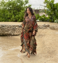 Esperanza long caftan - black - vegetable print - bib adorned with sparkling mirrors - Miss June Paris - 1