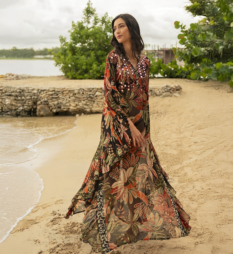 Esperanza long caftan - black - vegetable print - bib adorned with sparkling mirrors - Miss June Paris - 2