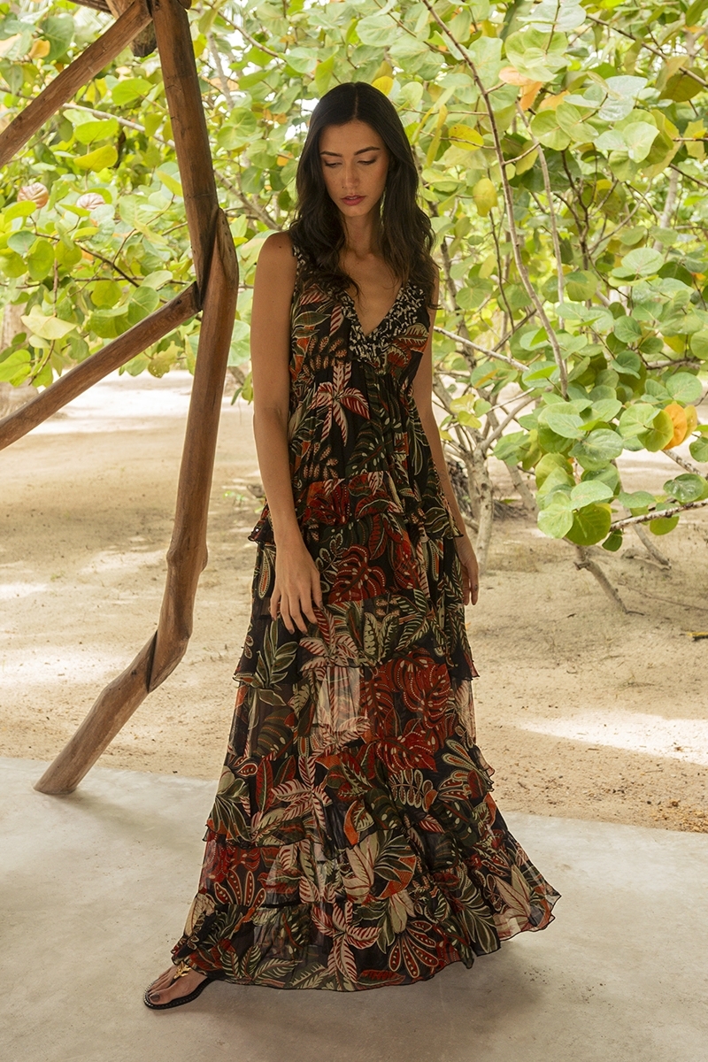 Robe Longue Floriana: noire - imprimé tropical - bretelles - volants fluids - Miss June Paris - 3