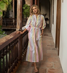 Robe Longue Alessandra: multico - à rayures - plastron orné de petits miroirs - manches longues - Miss June Paris - 3