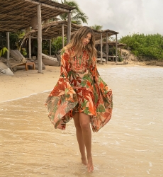 Aleida Short Caftan: orange/multicolor - tropical print - luminous chest - Miss June Paris - 1