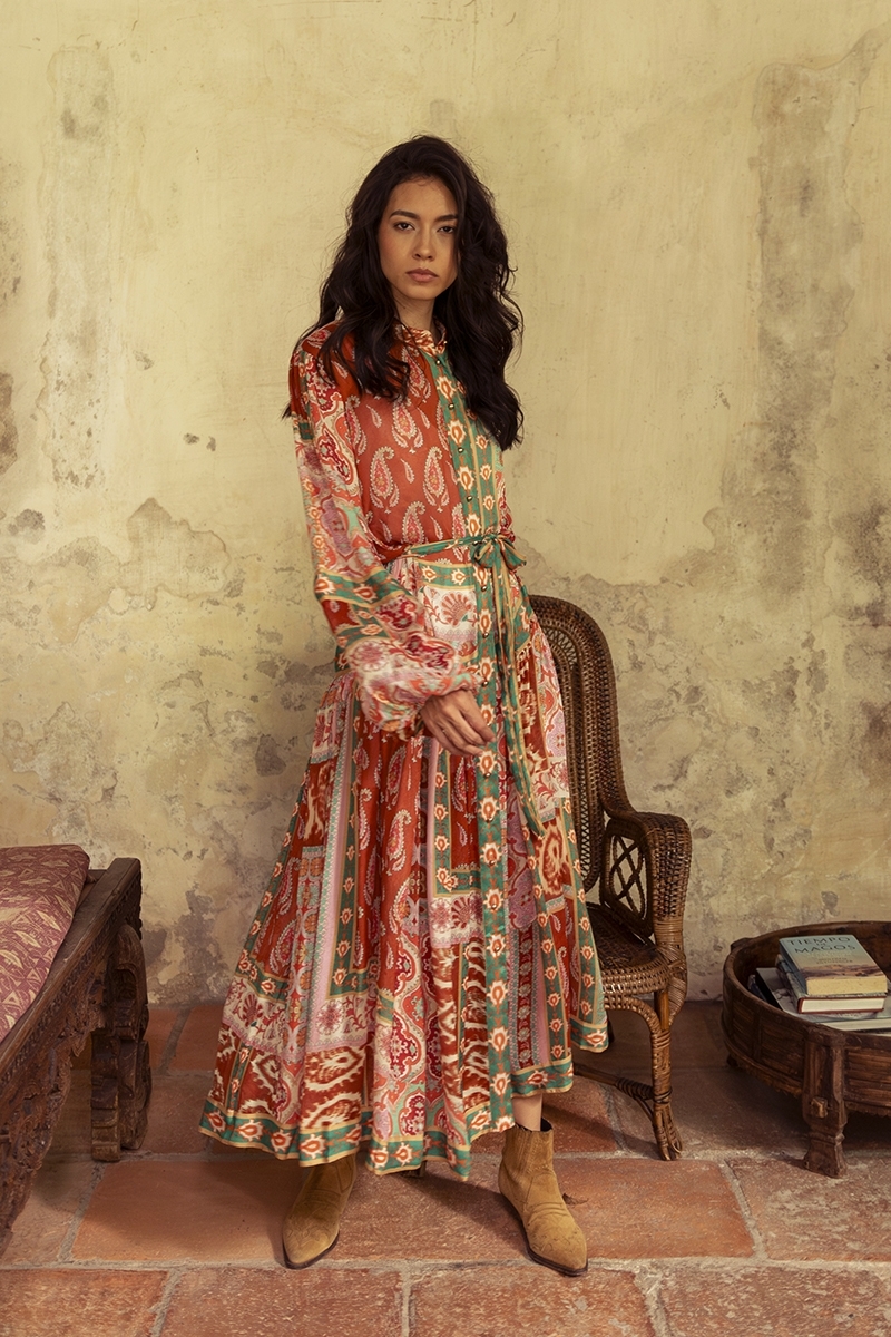 Jazmin long dress - paisley print - multicolor - matching belt - Miss June Paris - 2
