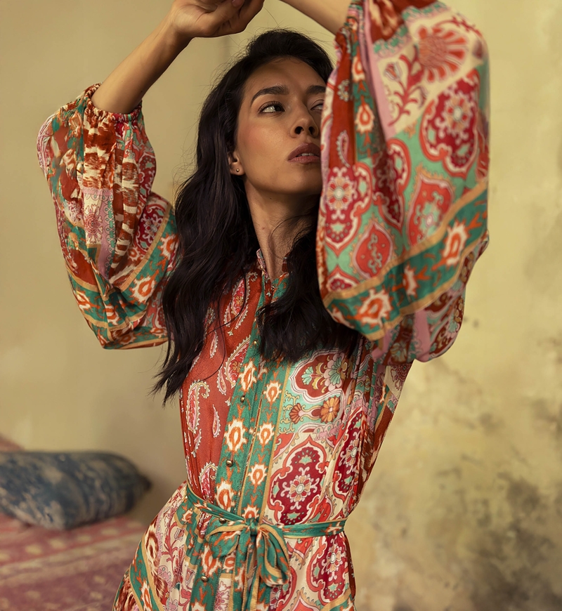 Jazmin long dress - paisley print - multicolor - matching belt - Miss June Paris - 3