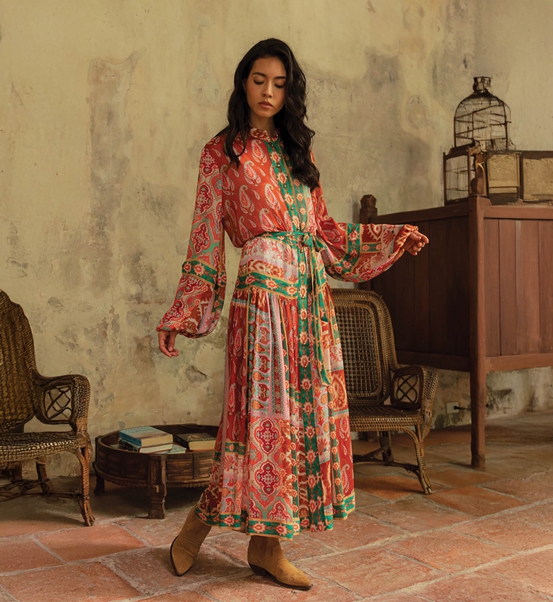 Robe longue Jazmin - imprimé cachemire - multicouleur - ceinture assortie - Miss June Paris - 1