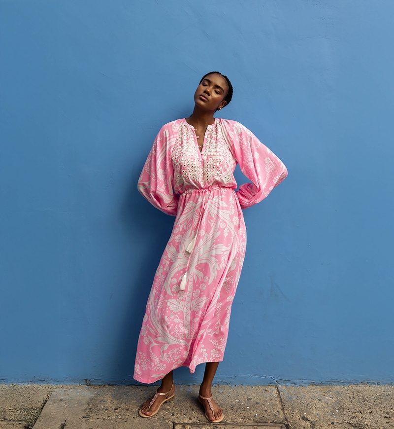 Ursula long dress - neon pink - sparkling bib - delicate white print - Miss June Paris - 2