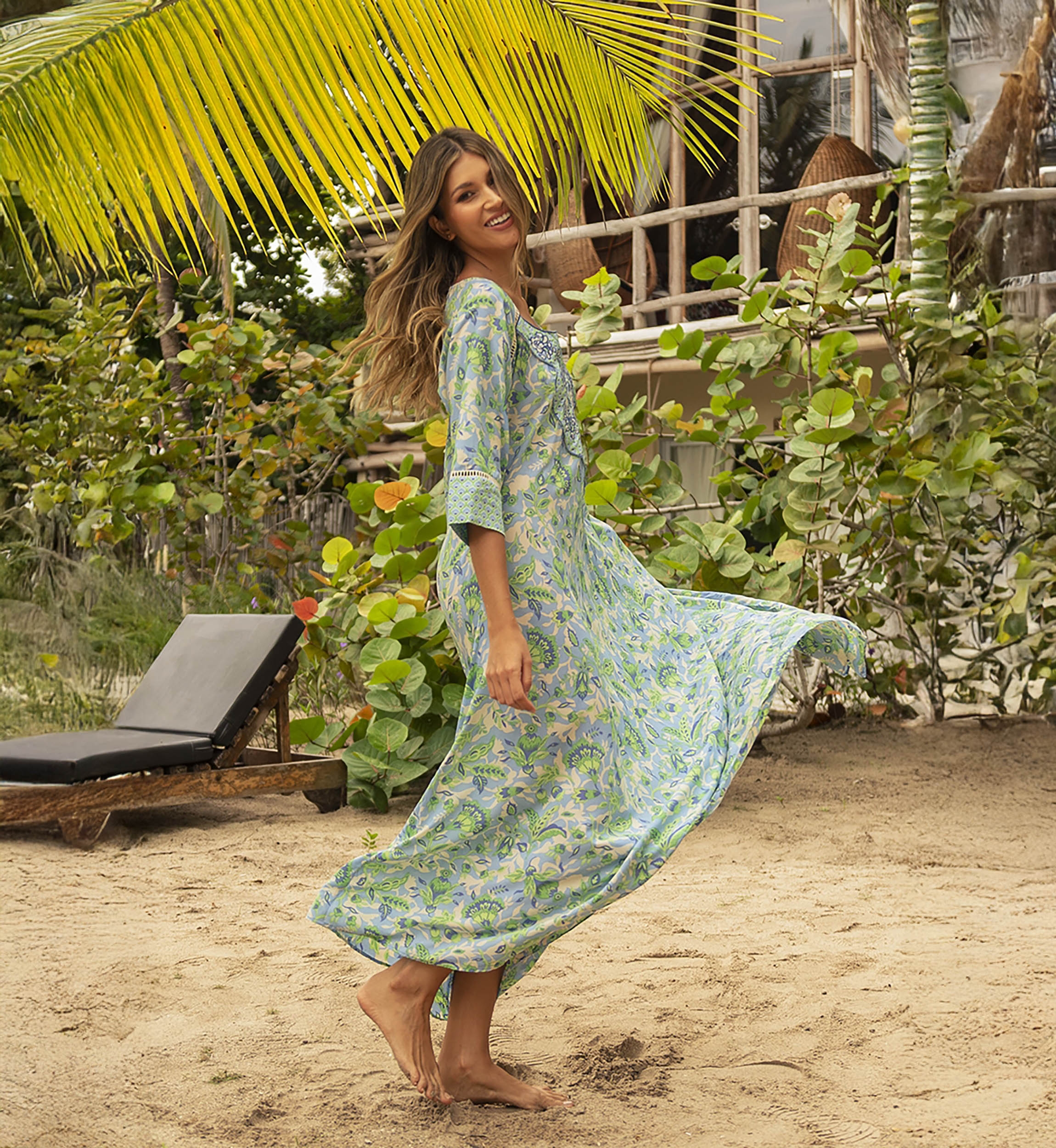 Robe longue Mariana - vert/bleu- imprimé floral - Miss June Paris - 3