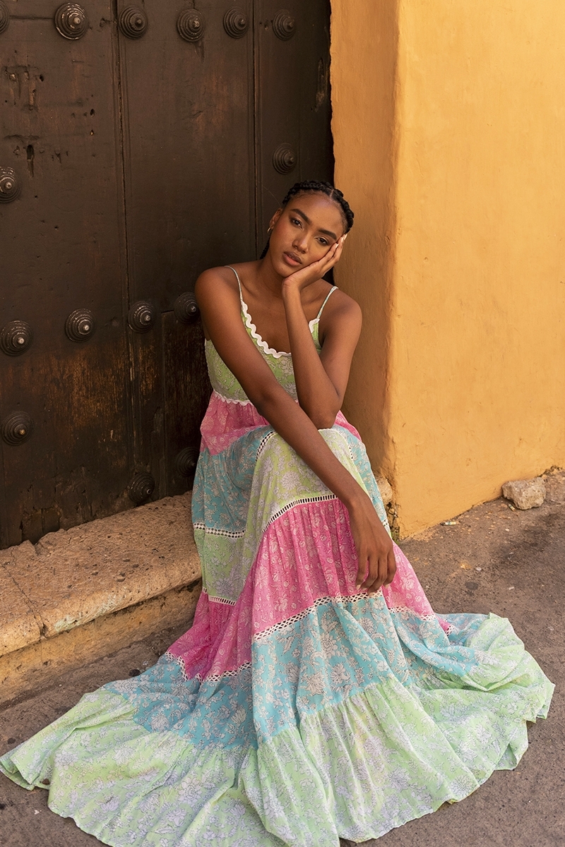 Robe longue Sandra - bohème multicolor - robe à bretelles - Miss June Paris - 1