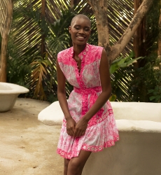 Melisa short dress - neon pink floral print - shimmering mirror embroidery - Miss June Paris - 2