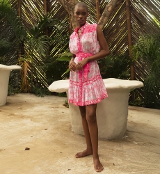 Melisa short dress - neon pink floral print - shimmering mirror embroidery - Miss June Paris - 3