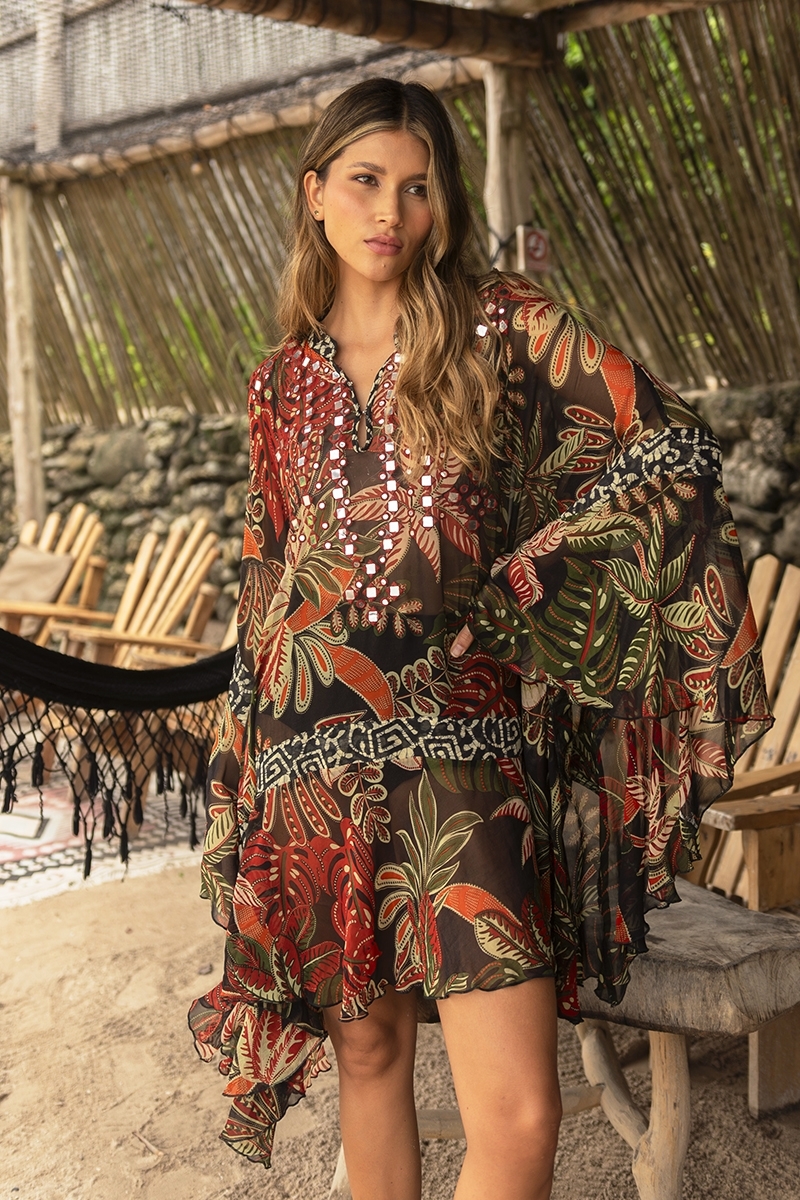 Caftan court Ximena - noir - imprimé végétal - plastron orné de miroirs scintillants - Miss June Paris - 1