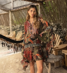 Ximena short caftan - black - vegetable print - bib adorned with sparkling mirrors - Miss June Paris - 1