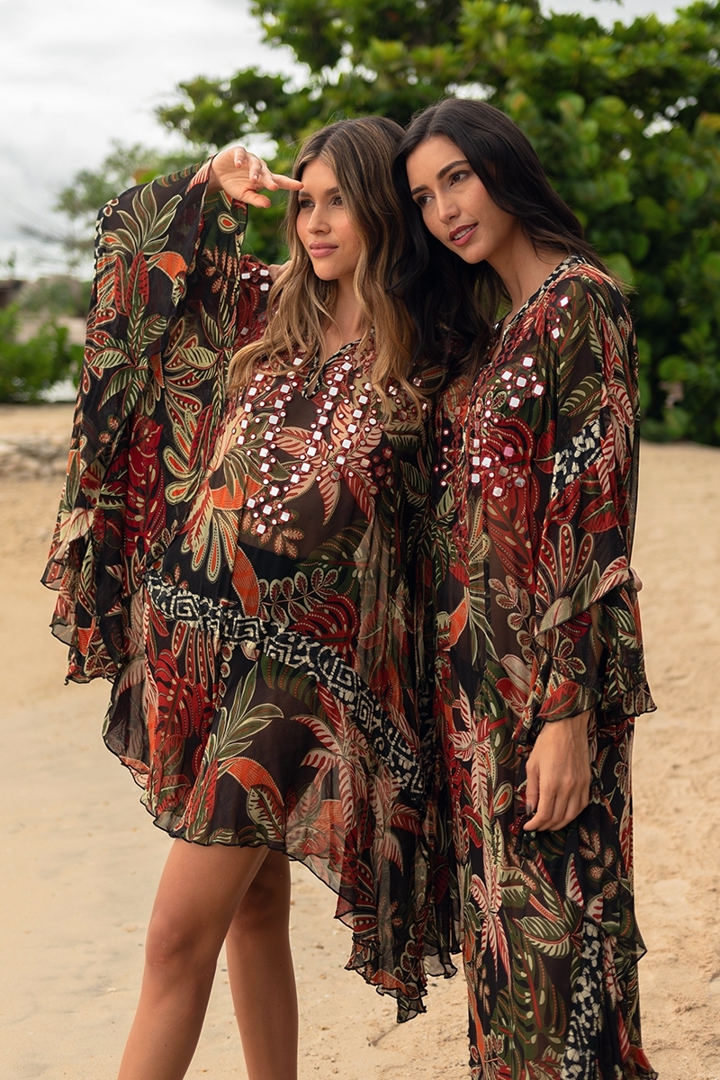 Ximena short caftan - black - vegetable print - bib adorned with sparkling mirrors - Miss June Paris - 2