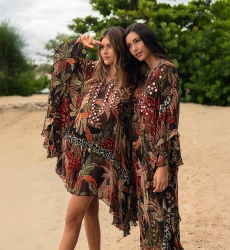 Ximena short caftan - black - vegetable print - bib adorned with sparkling mirrors - Miss June Paris - 2