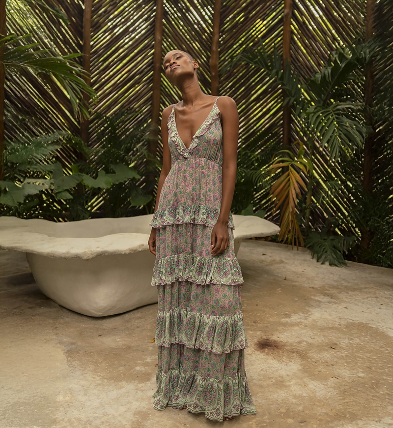 Pamela long dress - pastel pink - green and purple prints - V neckline - sparkling details - Miss June Paris - 1