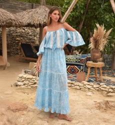 Karena long dress - blue dress - white floral print - bare shoulders - straps - Miss June Paris - 2