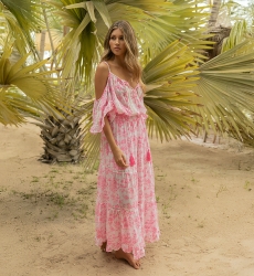 Karena long dress - white dress - pink floral print - bare shoulders - straps - Miss June Paris - 1