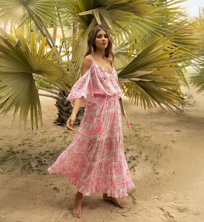 Robe longue Karena - robe blanche - imprimé rose fleuri - épaules dénudées - bretelles - Miss June Paris - 3