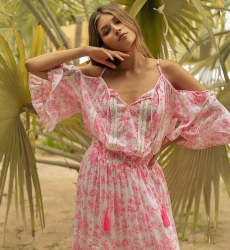 Robe longue Karena - robe blanche - imprimé rose fleuri - épaules dénudées - bretelles - Miss June Paris - 2