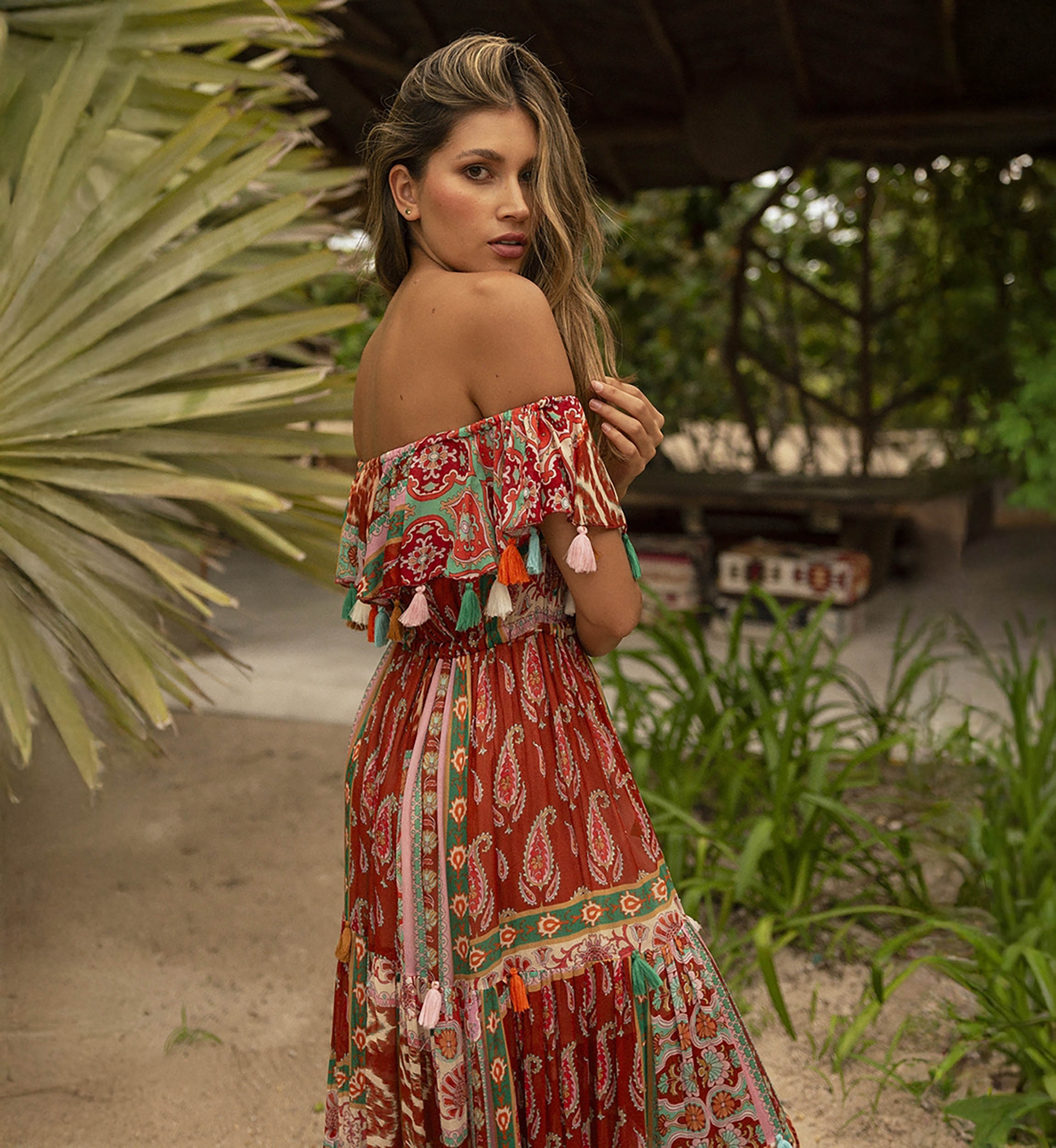 Liliana long dress - multicolor - bare shoulders - delicate ruffles - Miss June Paris - 3