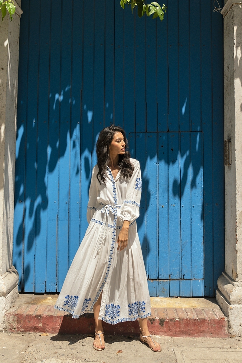 Katerina long dress - white - adorned with blue embroidery - embroidered belt - silver buttons - Miss June Paris - 3