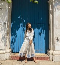 Katerina long dress - white - adorned with blue embroidery - embroidered belt - silver buttons - Miss June Paris - 3
