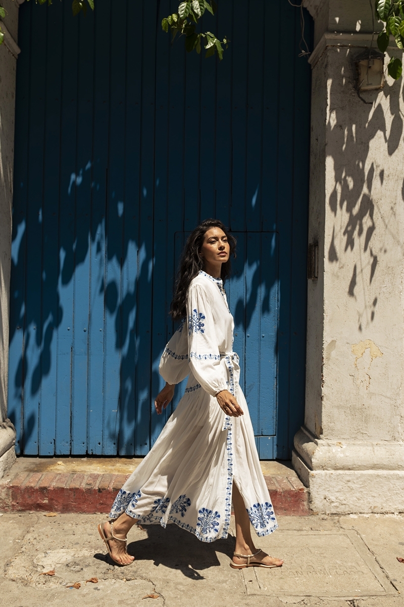 Katerina long dress - white - adorned with blue embroidery - embroidered belt - silver buttons - Miss June Paris - 2