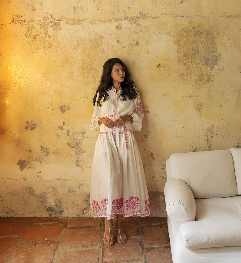 Katerina long dress - white - adorned with pink embroidery - embroidered belt - silver buttons - Miss June Paris - 2