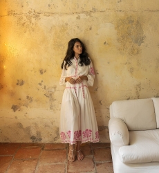 Katerina long dress - white - adorned with pink embroidery - embroidered belt - silver buttons - Miss June Paris - 2