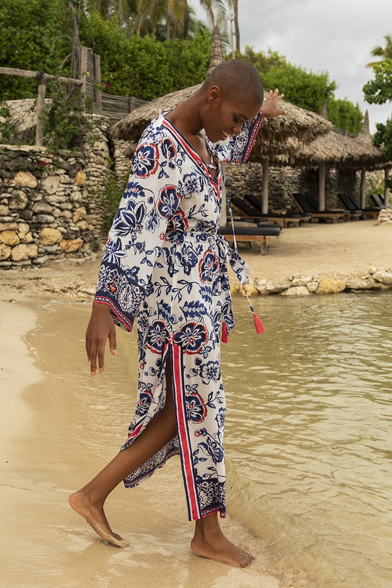 Viviana long dress - white - red and blue floral motifs - matching belt - Miss June Paris - 2