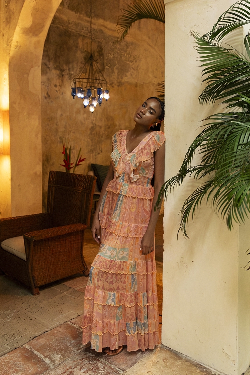 Estefania long dress - ruffled dress - V-neck - peach - floral print - Miss June Paris - 2