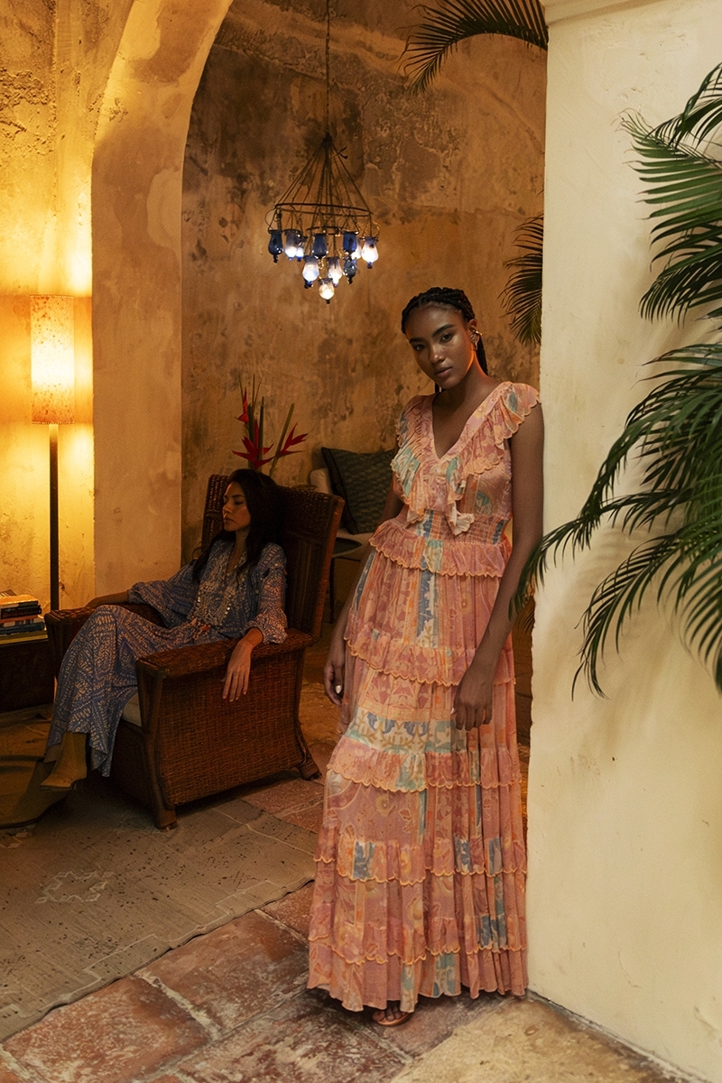 Estefania long dress - ruffled dress - V-neck - peach - floral print - Miss June Paris - 3