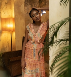 Estefania long dress - ruffled dress - V-neck - peach - floral print - Miss June Paris - 1