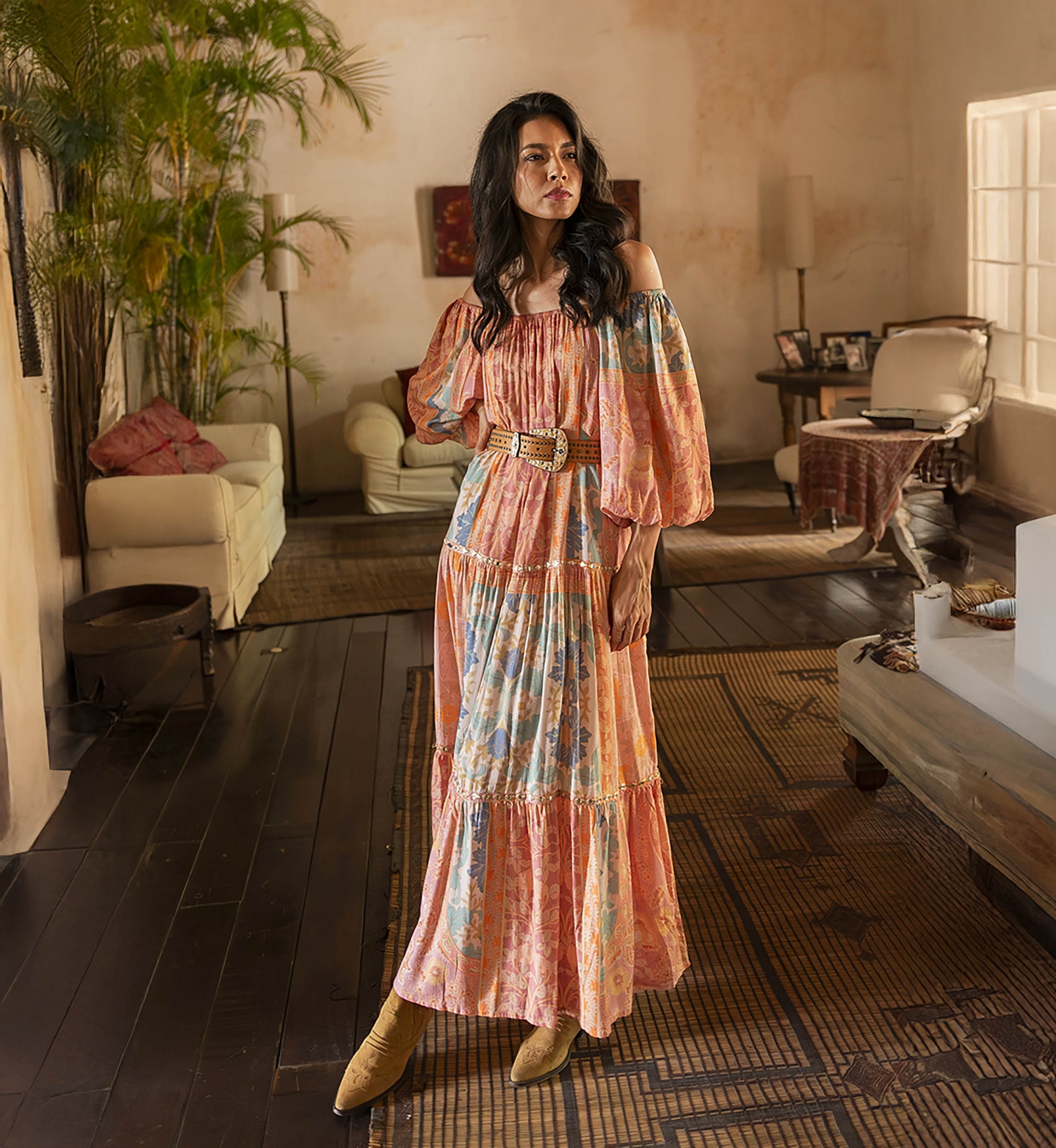 Martina long dress - peach - floral print - puffed sleeves - matching belt - bare shoulders - Miss June Paris - 1