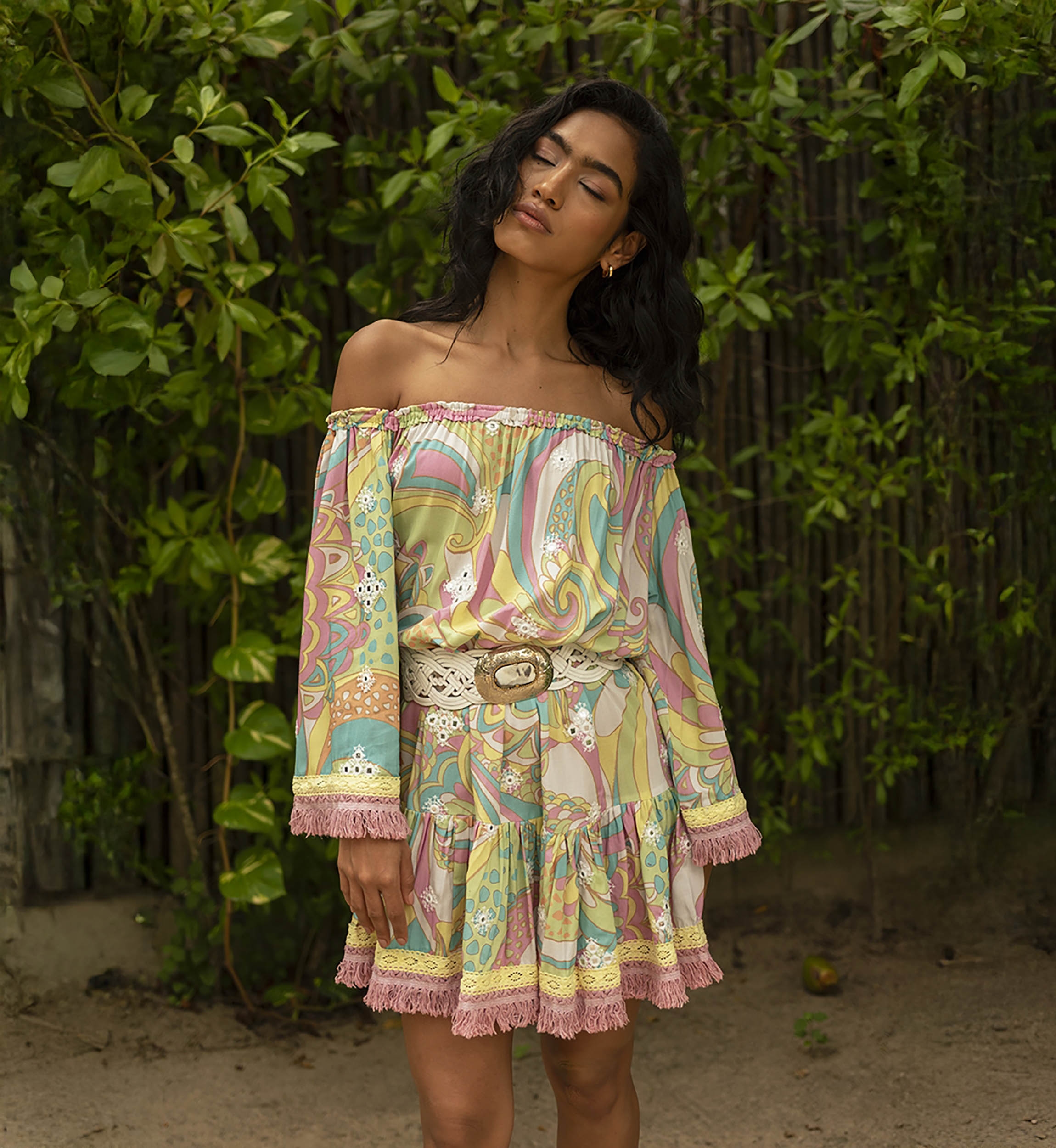 Gina short dress - pastel prints - embroidery adorned with shiny mirrors - Miss June Paris - 1