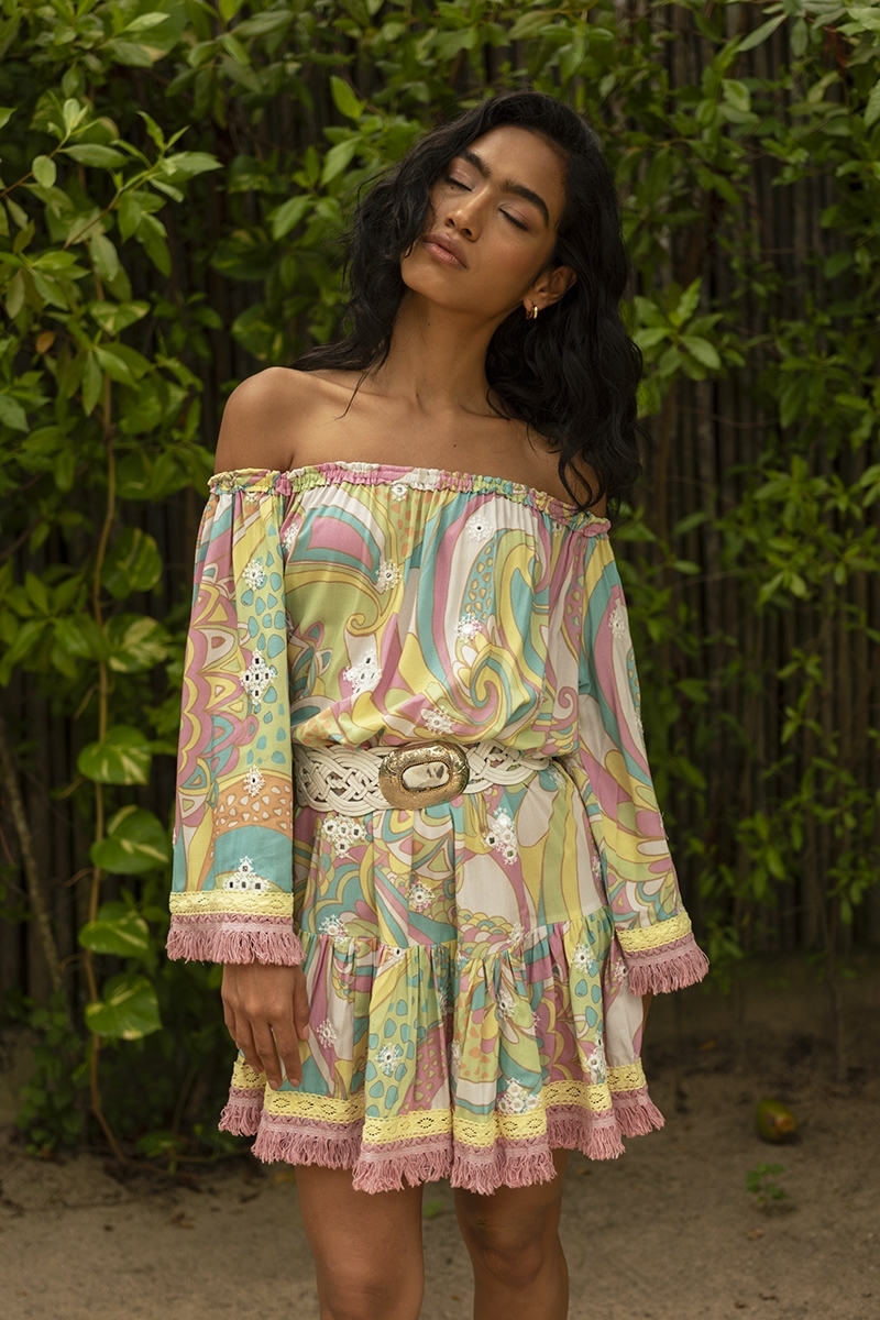 Robe courte Gina - imprimés couleurs pastels - broderie ornée de miroirs brillants - Miss June Paris - 1