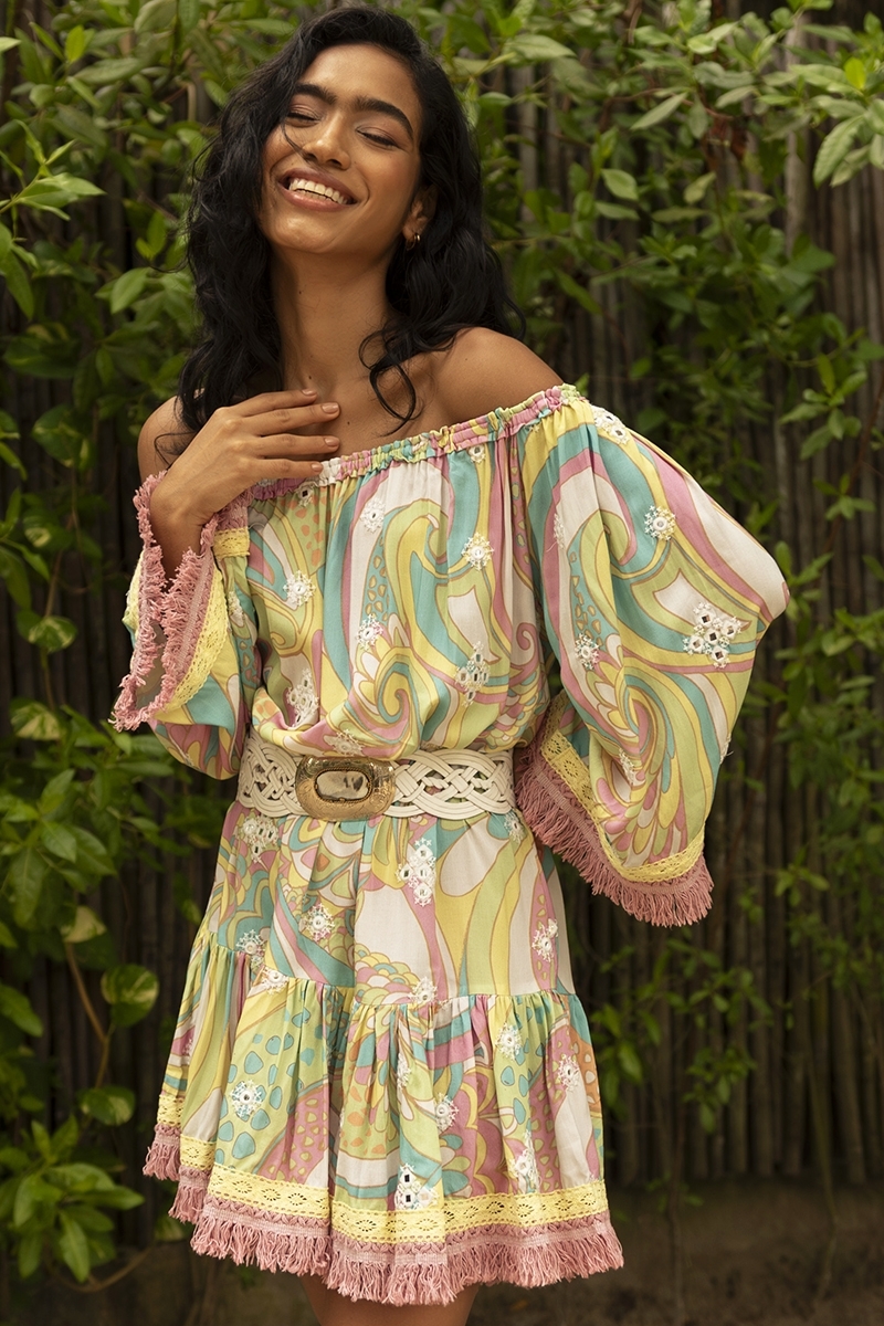 Gina short dress - pastel prints - embroidery adorned with shiny mirrors - Miss June Paris - 2
