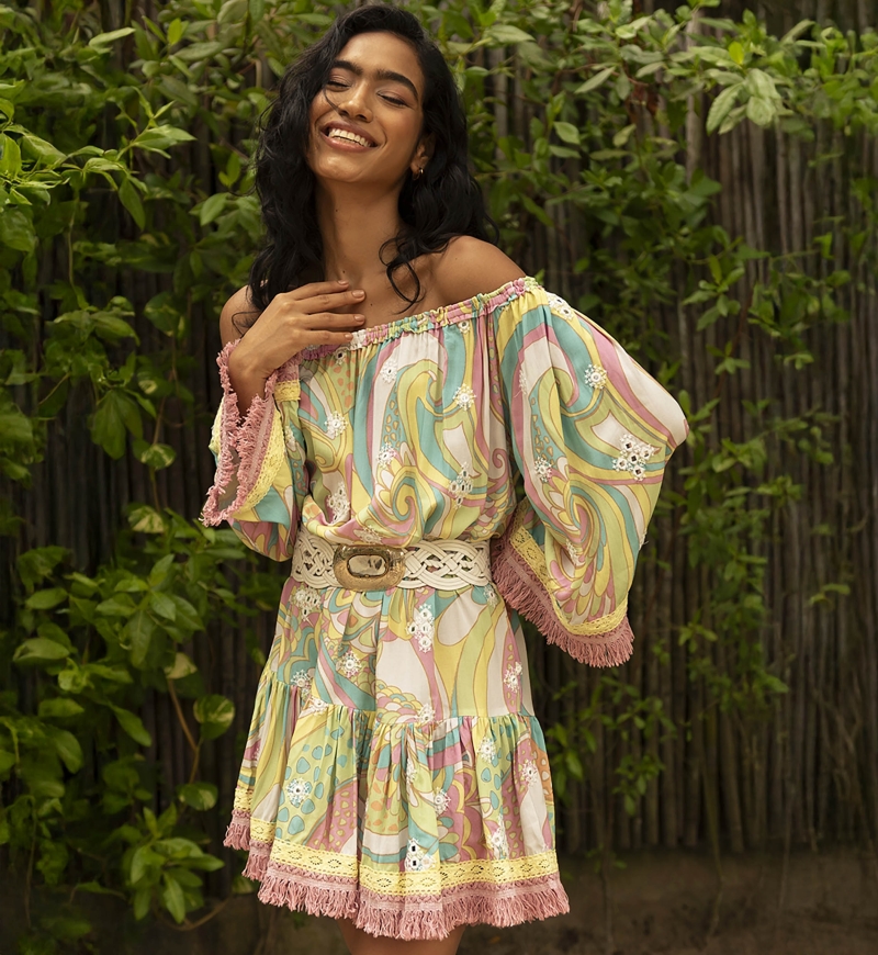 Gina short dress - pastel prints - embroidery adorned with shiny mirrors - Miss June Paris - 2