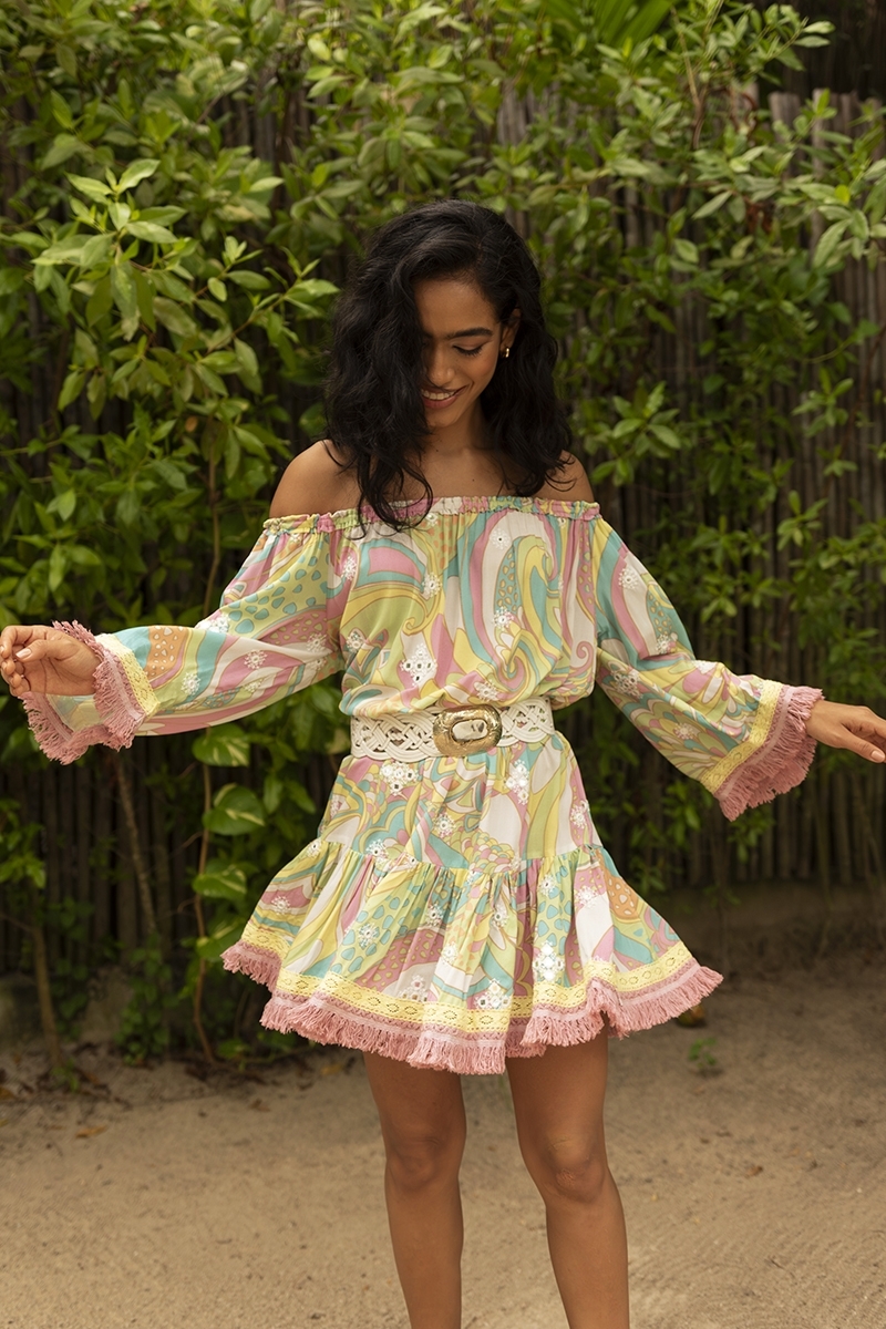 Vestido corto Gina - estampados pastel - bordados adornados con espejos brillantes - Miss June Paris - 3