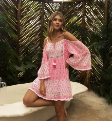 Celya short dress - white / neon pink - bare shoulders - elegant straps - Miss June Paris - 3