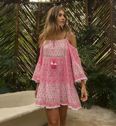 Robe courte Celya - blanche / rose neon - épaules dénudées - bretelles élégantes - Miss June Paris - 1