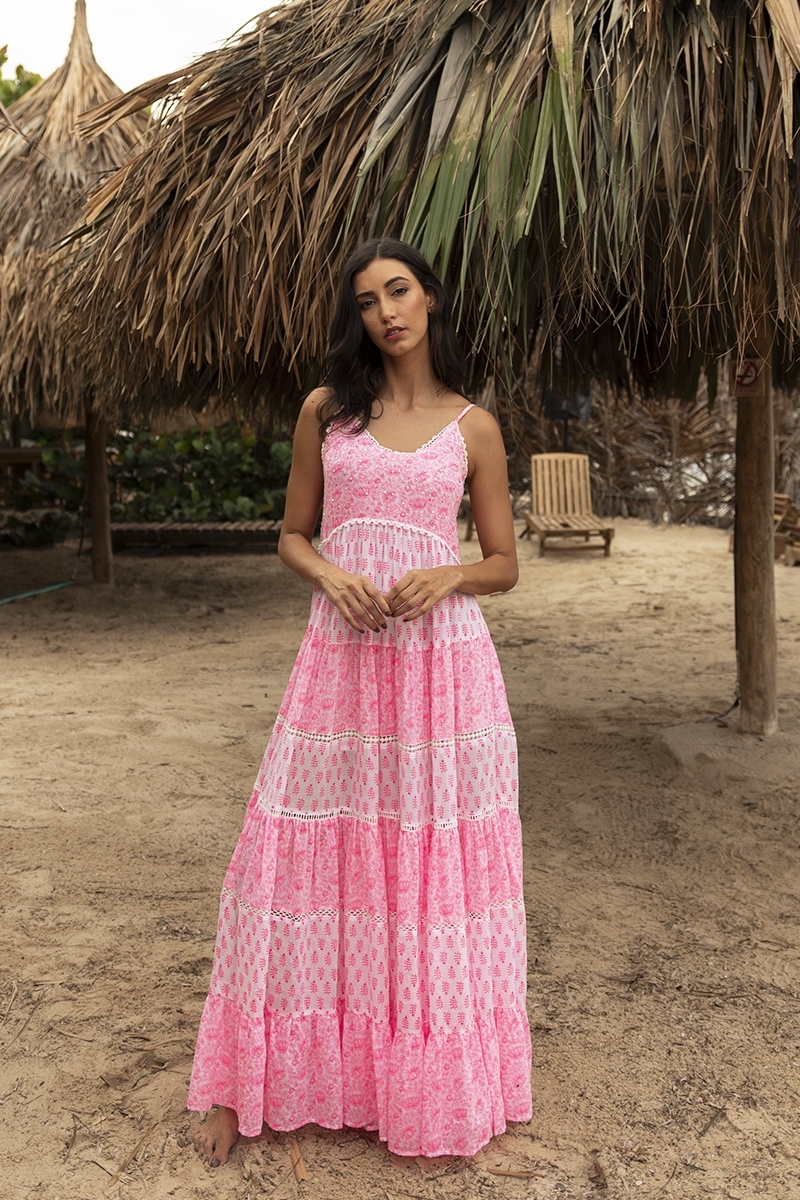Dayana long dress - floral and adjustable - white / neon pink - Miss June Paris - 1