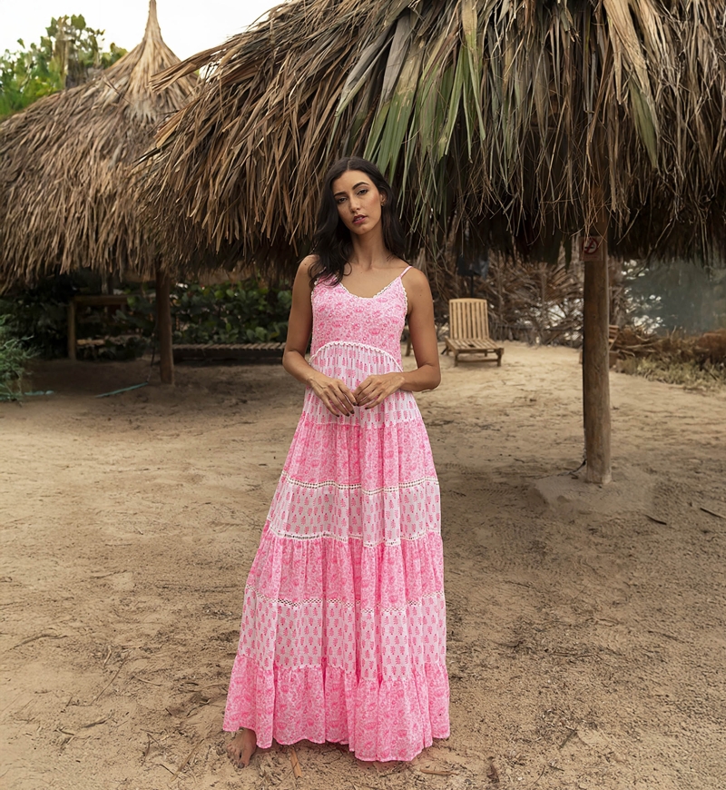 Robe longue Dayana - florale et ajustable - blanche / rose neon - Miss June Paris - 1